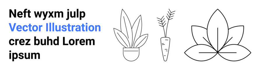 Potted plant, carrot with stems, and symmetrical leaf in hand-drawn outline style. Ideal for nature, gardening, sustainability, vegan concepts, eco-lifestyle, organic products flat landing page