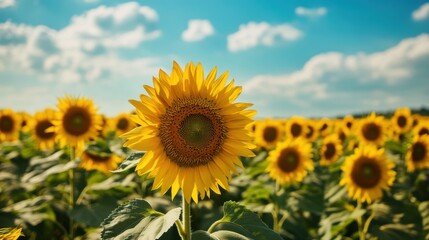 A bright yellow sunflower field stretching endlessly under a summer sky 