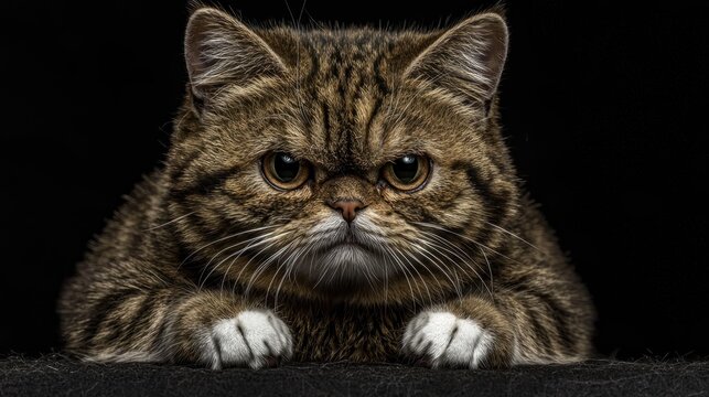 Feline Fury.  Close-up portrait of a grumpy, tabby cat with intense gaze and paws resting. Dark background accentuates the cat's expression