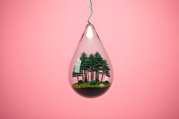 Hanging glass teardrop terrarium with miniature pine trees and moss inside, against a pastel pink background