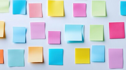 Colorful sticky notes and paper tabs organized on a white desk in a creative workspace