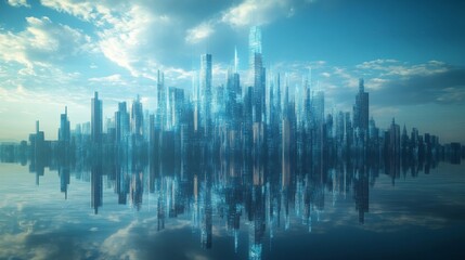 Fototapeta premium Futuristic Cityscape Reflection in Blue Water at Dawn
