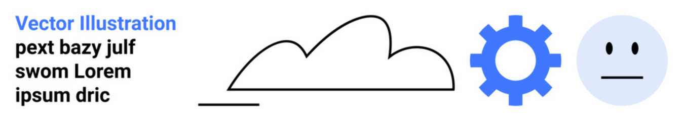 Black cloud outline, blue gear, neutral face form abstract dynamic trio. Ideal for technology, emotion, software, process, minimalism, system connection simple landing page