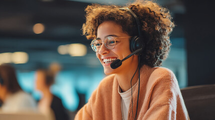 Friendly customer service representative wearing headset providing support online call center agent job