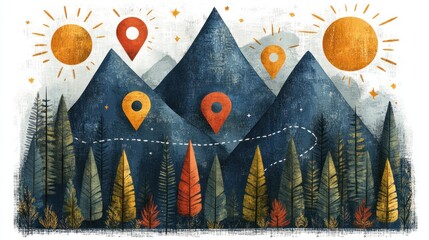Mountain landscape with map markers