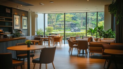 Fototapeta premium Modern Restaurant Interior with Garden View