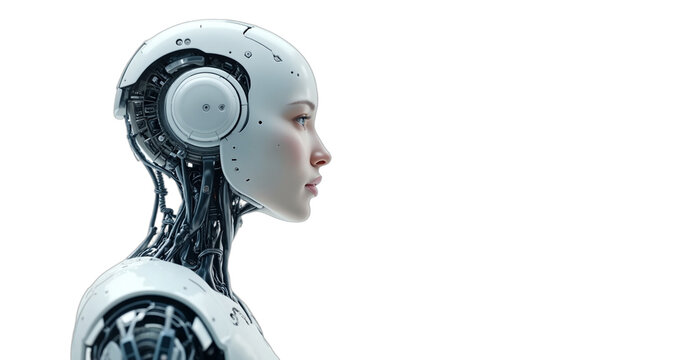 Elegant female android side profile with visible mechanical components. Clean white metal, photorealistic render on white. Futuristic tech, AI, robotics concept. Isolated on transparent background.
