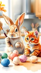 Easter illustration with a rabbit and a kitten, spring flowers, and adorned eggs