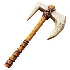 Ancient Stone Axe with Wooden Handle and Brown Cord Wrap: A 3D Render of a Primitive Weapon