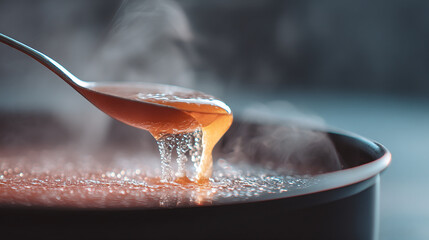 Making caramel sauce recipe boiling sugar syrup in pot with spoon for dessert topping concept