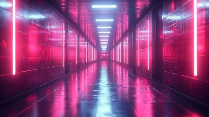 Neon corridor with vibrant pink and blue lights
