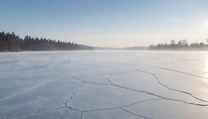 Aerial view of a frozen lake with cracks and trees in the background
