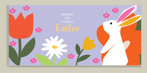 Happy Easter banner. Trendy Easter design with typography, hand painted flowers, chick and bunny in pastel colors. Modern minimal style for web website template © mim art