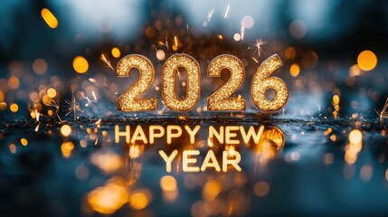 2026 happy new year celebration with glowing lights and sparkles. Happy New Year 2026