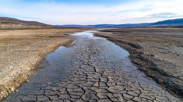 Global water shortages impacting dried-up riverbeds in nongkhanestock environmental crisis dry landscape aerial view