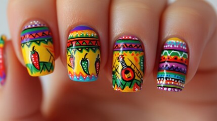 Colorful hispanic nail art with guitar and chili pepper designs. Cinco de Mayo, Battle of Puebla Day, Mexican Heritage Festival - Latin American Cultural Celebration