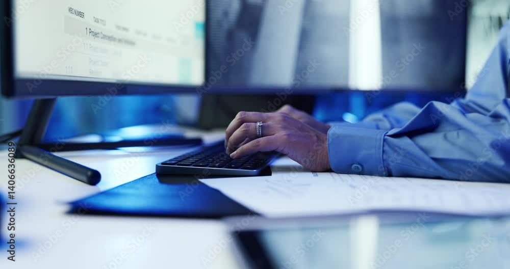 Aufkleber Hands, security guard and typing with surveillance with computer for report, stats and screen in control room. Person, PC and monitor with feedback, safety services and privacy at command center