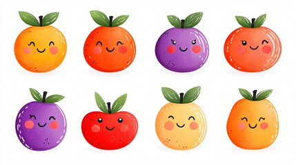Adorable Cartoon Fruits Collection Happy Orange Red Apple Purple Plum Illustrations Perfect for Kids' Designs