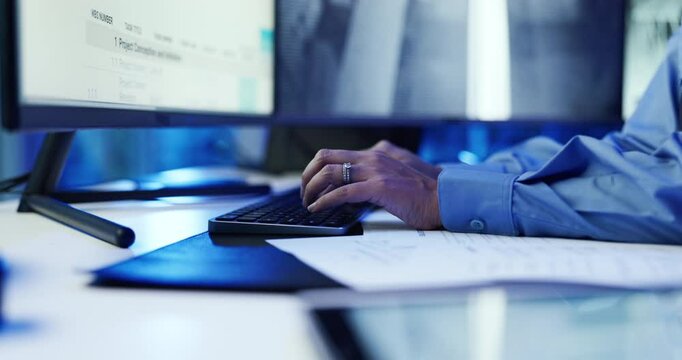 Hands, security guard and typing with surveillance with computer for report, stats and screen in control room. Person, PC and monitor with feedback, safety services and privacy at command center