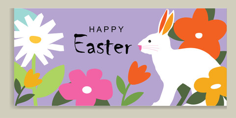 Happy Easter banner. Trendy Easter design with typography, hand painted flowers, chick and bunny in pastel colors. Modern minimal style for web website template