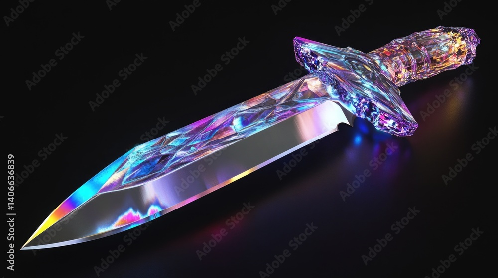 Poster rgb crystal dagger exhibiting luminous spectrum reflection on black background