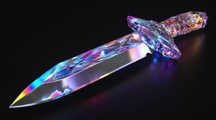 Rgb crystal dagger exhibiting luminous spectrum reflection on black background