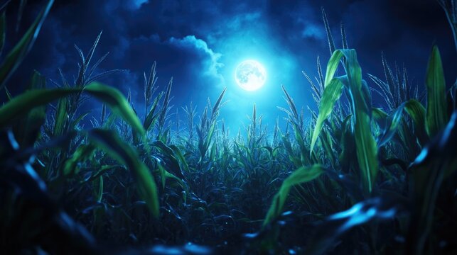 Eerie blue moonlit cornfield under dramatic dark skies. Halloween, All Hallows Eve, Samhain - Spooky Holiday Season, Fall Festival Celebration