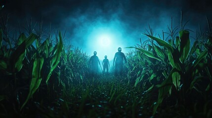 Obraz premium Mysterious figures in moonlit cornfield with eerie lighting. Halloween, All Hallows Eve, Samhain - Spooky Holiday Season, Fall Festival Celebration