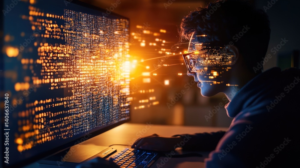 Poster young asian man programming with futuristic holographic interface at computer