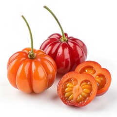 Surinam cherry (Pitanga), ultra-realistic, high detail, high resolution, isolated on pure white background