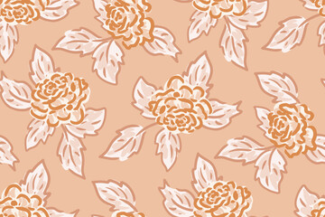 Hand drawn rose flowers as a minimalist retro vibe in colors of off white, orange and peach on a cream background. Seamless vector pattern. Great for home decor, fabric, wallpaper, gift wrap, packing.