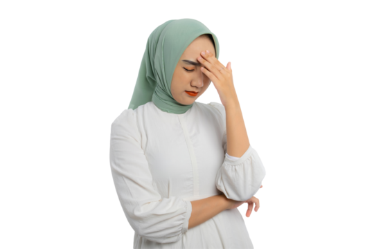 Stressed young Asian woman in green hijab and white blouse touching her forehead in frustration isolated on transparent background - Powered by Adobe