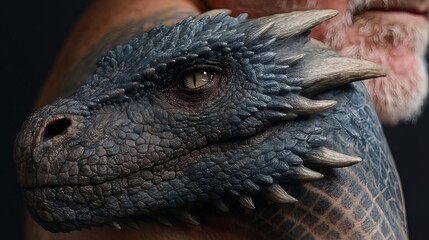 Obraz premium 3D fantasy dragon tattoo bursting from shoulder in surreal illusion