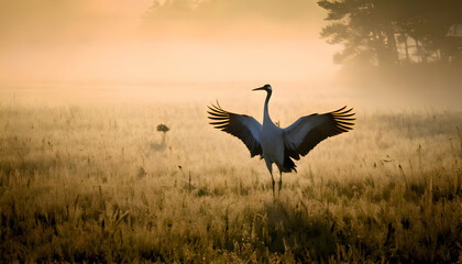 Fototapeta premium Dancing Crane at Dawn: An elegant crane spreads its wings in a sunlit field as the morning mist dances, capturing the serene beauty of the wilderness at dawn.