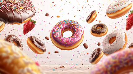 National Donut Day themed illustration banner, featuring various types of mouth-watering donuts with colorful toppings such as chocolate, strawberry, and caramel