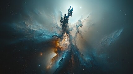 Cosmic nebulae display swirling patterns of light and shadow.