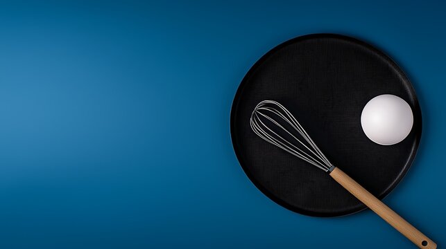 Egg and whisk on a black plate, set against a blue backdrop