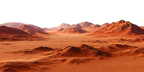 Naklejka premium Mars Planet Landscape with Rocky Mountains and Sand Terrain – Isolated Transparent BackgroundRed Planet Mars Desert Scene with Craters and Rocks – Cutout PNG for Sci-Fi Design