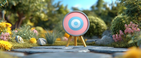 A colorful bullseye target on a tripod in a lush garden setting