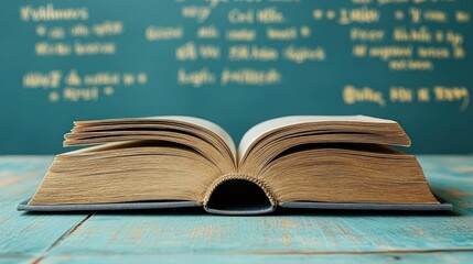 Obraz premium Open book on a wooden surface, with a chalkboard background