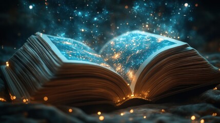 Fototapeta premium Open magic book, glowing with celestial energy