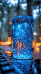 Illuminated glass with blue glowing spheres sits on a dark surface, bokeh lights background at night
