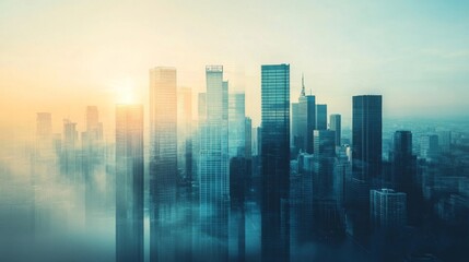 Fototapeta premium Modern City Skyline at Sunrise with Mist