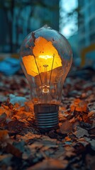 Lit bulb amidst fallen leaves, warm glow in nature's autumn palette