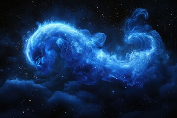 Ethereal blue energy swirls through a dark, starry expanse, creating a captivating, cosmic dance