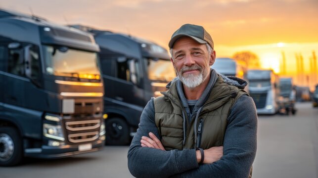 Confident truck driver portrait at sunset transportation industry professional logistics and shipping success