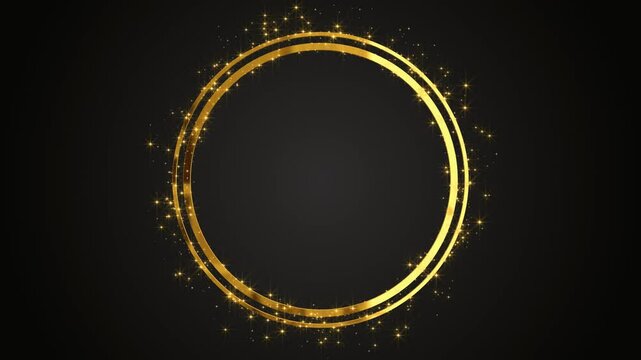 golden metal circle frame with shiny glitter glowing stars background animation,abstract cosmetics  motion design element