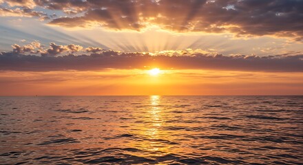 Fototapeta premium Golden Hour Seascape: Sunbeams Dance on Ocean Waves