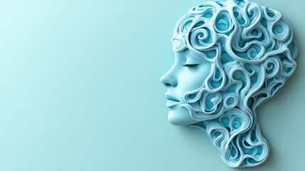 Surreal blue woman's head with intricate, flowing swirls representing thought and imagination