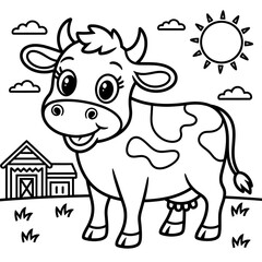 ‎A black and white cow illustration line art of a coloring page